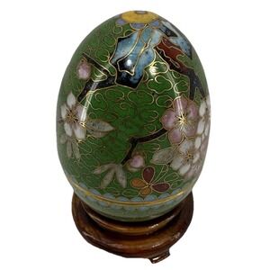 Vintage Chinese Cloisonné Enamel Egg on Stand Green Floral 3" x 2" Pristine
